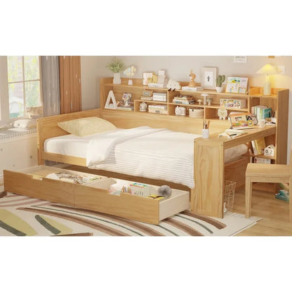 Wooden Twin Size Daybed with Storage Shelves, Two Drawers & Study Desk,Natural
