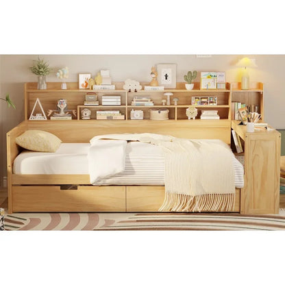 Wooden Twin Size Daybed with Storage Shelves, Two Drawers & Study Desk,Natural