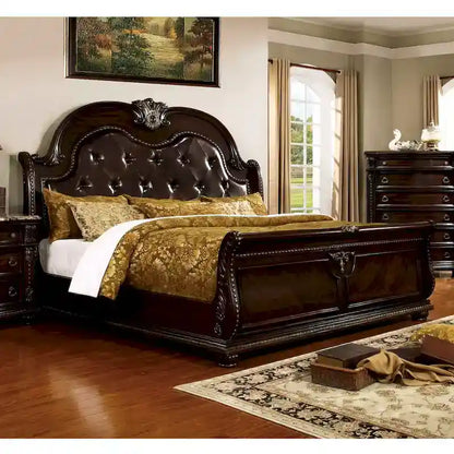 Furniture of America Etane Traditional Solid Wood Sleigh Bed with Tufted Leatherette Headboard