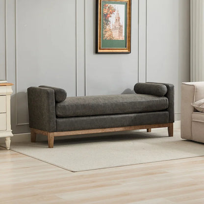 66.34W Elegant Upholstered Bench, Daybed, Ottoman with Wood Legs & 2 Bolster Pillows for End of Bed, Bedroom, Living Room