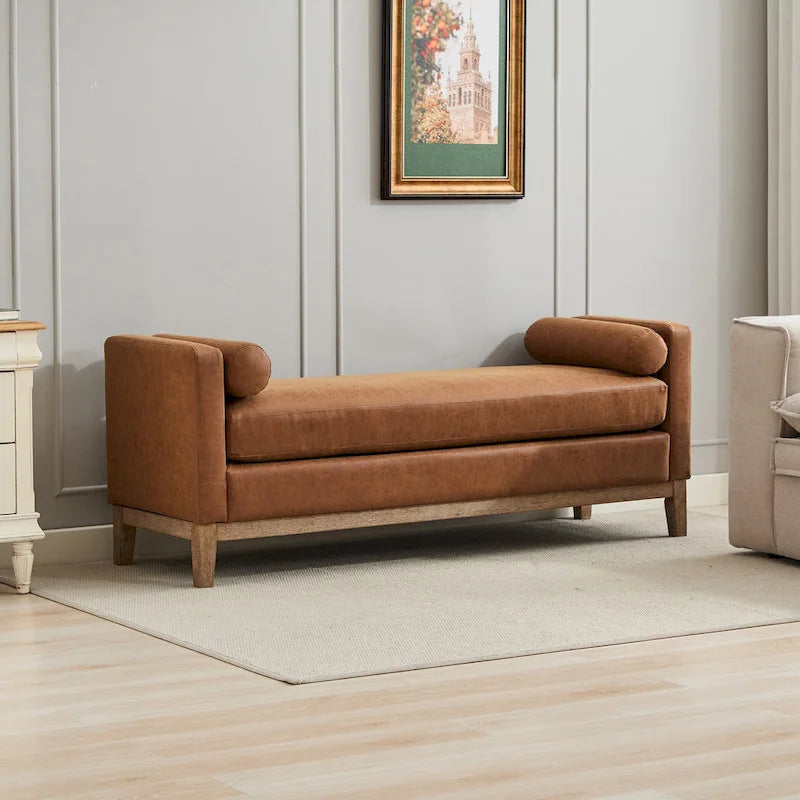66.34W Elegant Upholstered Bench, Daybed, Ottoman with Wood Legs & 2 Bolster Pillows for End of Bed, Bedroom, Living Room