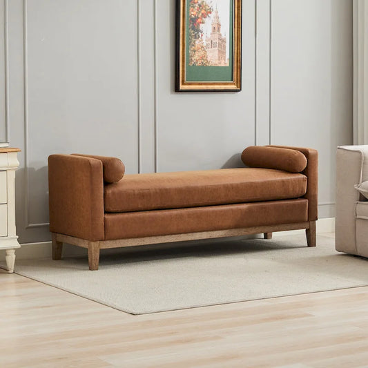 66.34W Elegant Upholstered Bench, Daybed, Ottoman with Wood Legs & 2 Bolster Pillows for End of Bed, Bedroom, Living Room