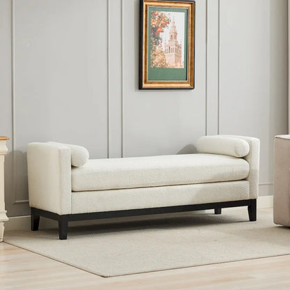 66.34W Elegant Upholstered Bench, Daybed, Ottoman with Wood Legs & 2 Bolster Pillows for End of Bed, Bedroom, Living Room