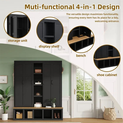 Farmhouse 4-in-1 Hall Tree with Open Display Shelves, Mudroom Shoe Bench with Open Compartments, Entryway Coat Rack with 6 Hooks