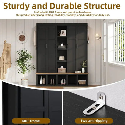 Farmhouse 4-in-1 Hall Tree with Open Display Shelves, Mudroom Shoe Bench with Open Compartments, Entryway Coat Rack with 6 Hooks