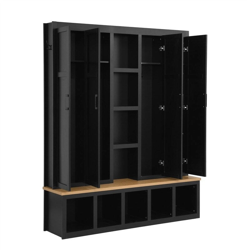 Farmhouse 4-in-1 Hall Tree with Open Display Shelves, Mudroom Shoe Bench with Open Compartments, Entryway Coat Rack with 6 Hooks