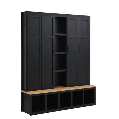 Farmhouse 4-in-1 Hall Tree with Open Display Shelves, Mudroom Shoe Bench with Open Compartments, Entryway Coat Rack with 6 Hooks