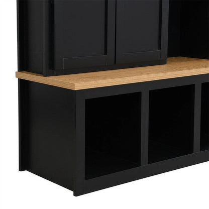 Farmhouse 4-in-1 Hall Tree with Open Display Shelves, Mudroom Shoe Bench with Open Compartments, Entryway Coat Rack with 6 Hooks