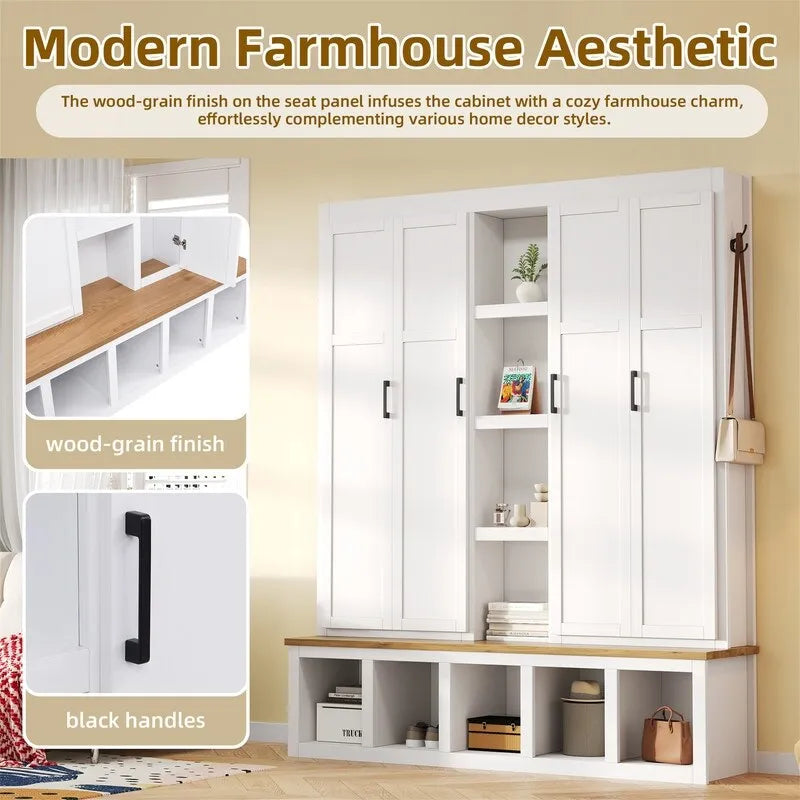 Farmhouse 4-in-1 Hall Tree with Open Display Shelves, Mudroom Shoe Bench with Open Compartments, Entryway Coat Rack with 6 Hooks