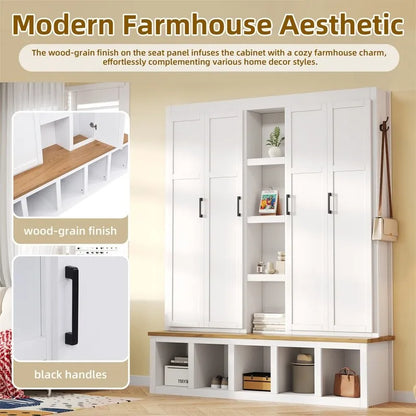 Farmhouse 4-in-1 Hall Tree with Open Display Shelves, Mudroom Shoe Bench with Open Compartments, Entryway Coat Rack with 6 Hooks
