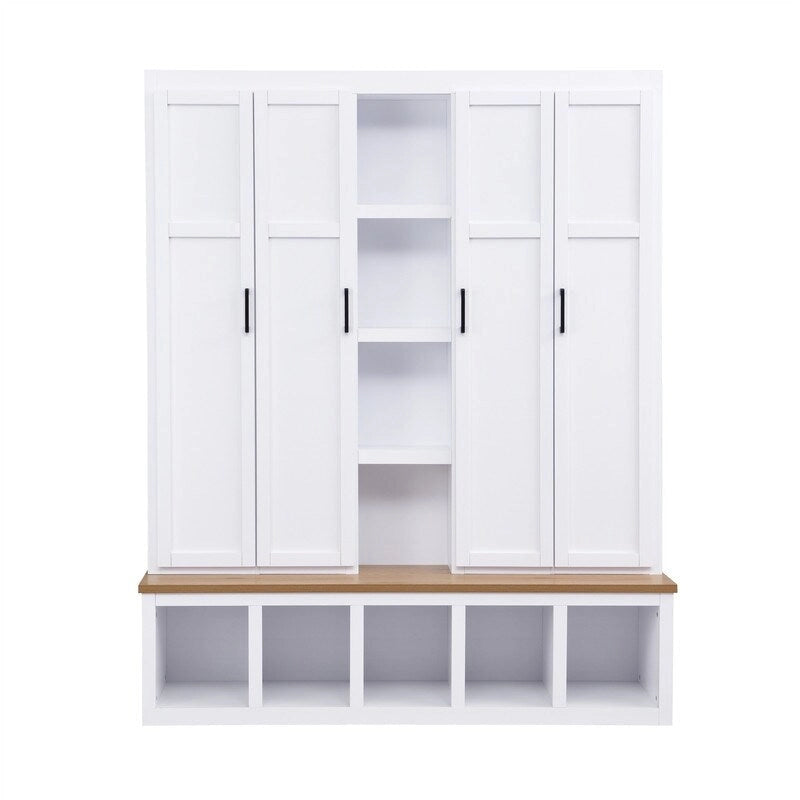 Farmhouse 4-in-1 Hall Tree with Open Display Shelves, Mudroom Shoe Bench with Open Compartments, Entryway Coat Rack with 6 Hooks