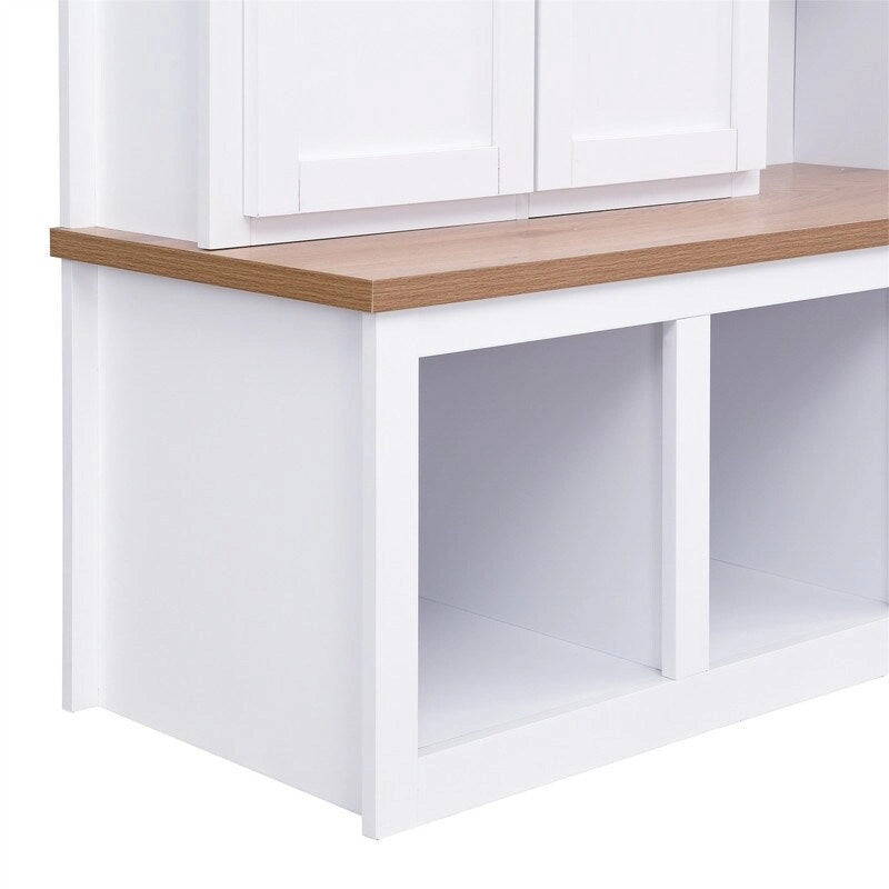 Farmhouse 4-in-1 Hall Tree with Open Display Shelves, Mudroom Shoe Bench with Open Compartments, Entryway Coat Rack with 6 Hooks