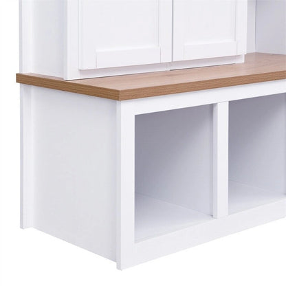 Farmhouse 4-in-1 Hall Tree with Open Display Shelves, Mudroom Shoe Bench with Open Compartments, Entryway Coat Rack with 6 Hooks