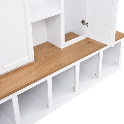 Farmhouse 4-in-1 Hall Tree with Open Display Shelves, Mudroom Shoe Bench with Open Compartments, Entryway Coat Rack with 6 Hooks