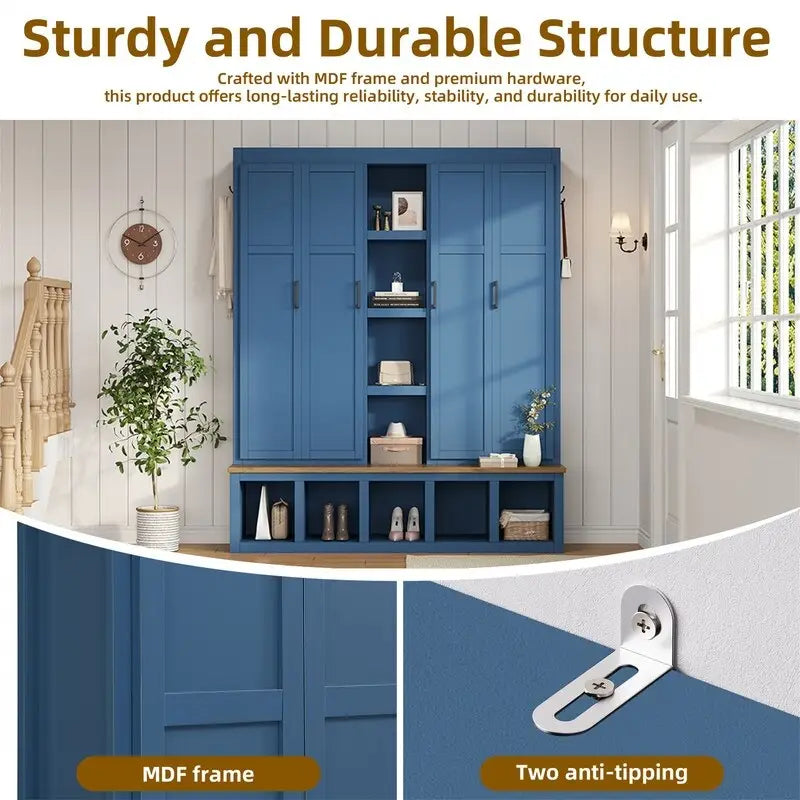 Farmhouse 4-in-1 Hall Tree with Open Display Shelves, Mudroom Shoe Bench with Open Compartments, Entryway Coat Rack with 6 Hooks