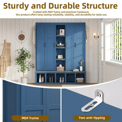 Farmhouse 4-in-1 Hall Tree with Open Display Shelves, Mudroom Shoe Bench with Open Compartments, Entryway Coat Rack with 6 Hooks