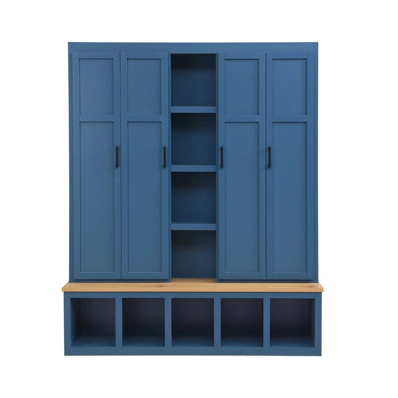 Farmhouse 4-in-1 Hall Tree with Open Display Shelves, Mudroom Shoe Bench with Open Compartments, Entryway Coat Rack with 6 Hooks