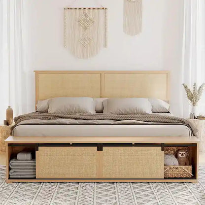 Natural Rattan Full Size Bed Frame with Sliding Barn Door Storage Cabinets