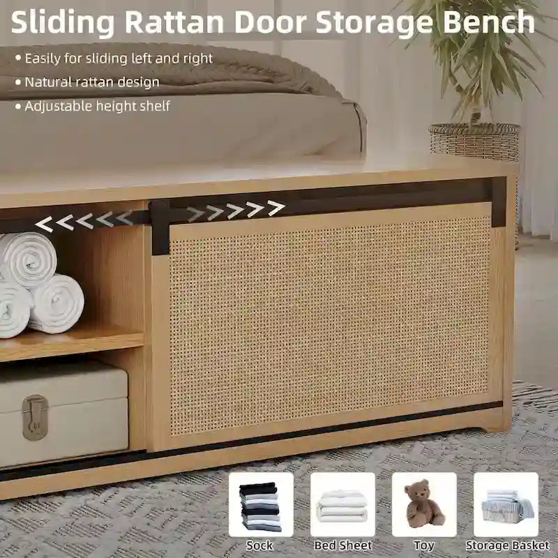 Natural Rattan Full Size Bed Frame with Sliding Barn Door Storage Cabinets