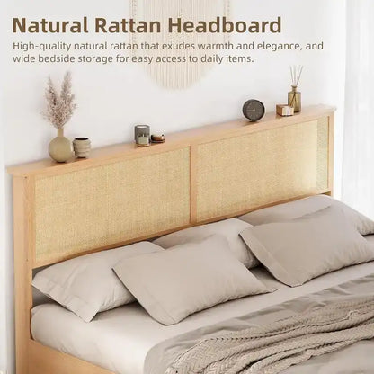 Natural Rattan Full Size Bed Frame with Sliding Barn Door Storage Cabinets