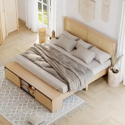 Natural Rattan Full Size Bed Frame with Sliding Barn Door Storage Cabinets