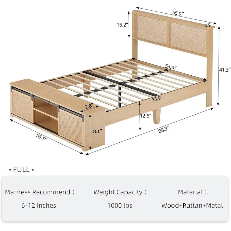 Natural Rattan Full Size Bed Frame with Sliding Barn Door Storage Cabinets