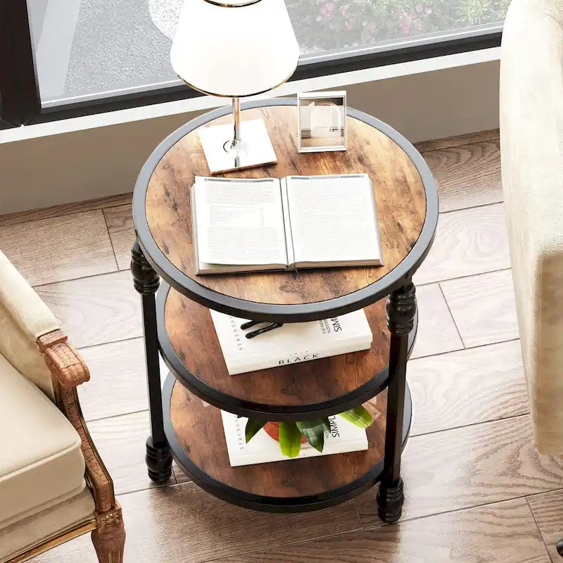 End Table 3-Tier Round Side Table Living Room Accent Table with Storage Shelf