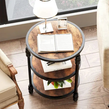End Table 3-Tier Round Side Table Living Room Accent Table with Storage Shelf