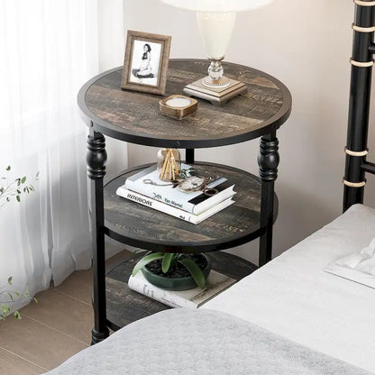 End Table 3-Tier Round Side Table Living Room Accent Table with Storage Shelf