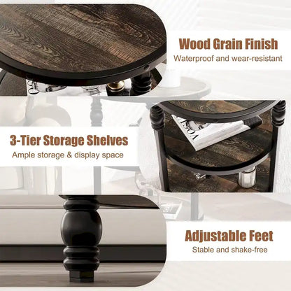 End Table 3-Tier Round Side Table Living Room Accent Table with Storage Shelf
