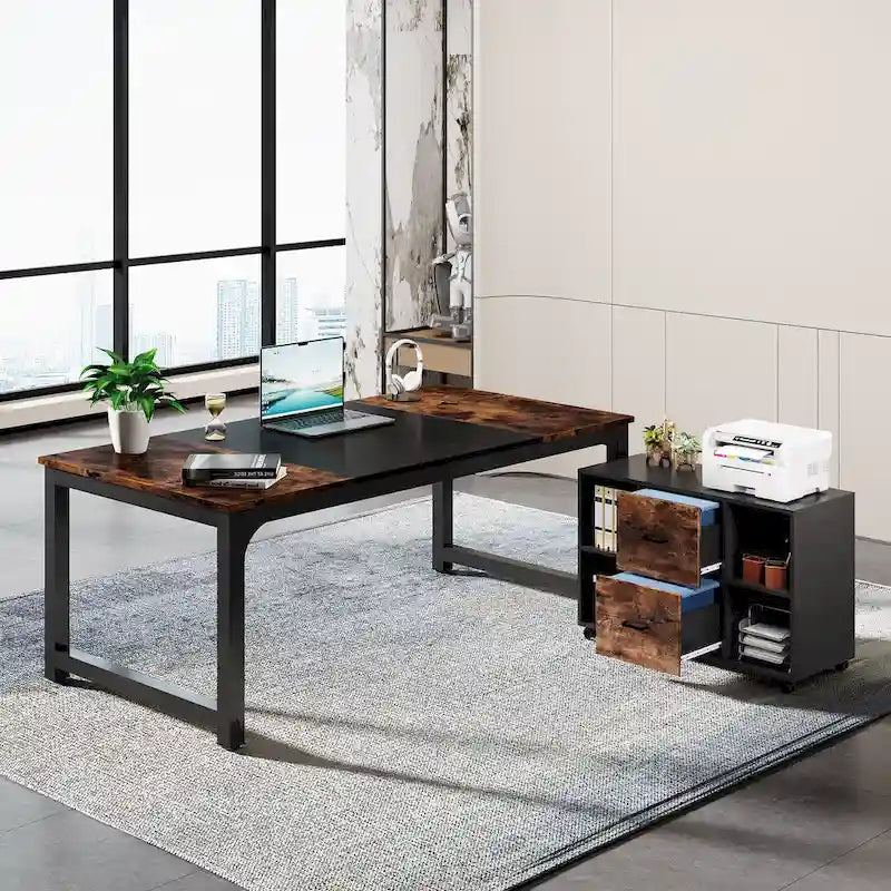 63 L-Shaped Executive Desk with 40 File Drawer Cabinet