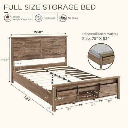 Farmhouse Full size Wood Bed Frame with Sliding Barn Door storage