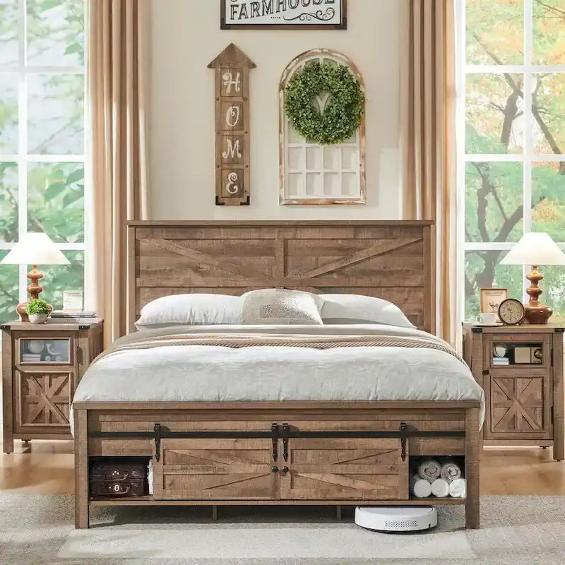 Farmhouse Full size Wood Bed Frame with Sliding Barn Door storage