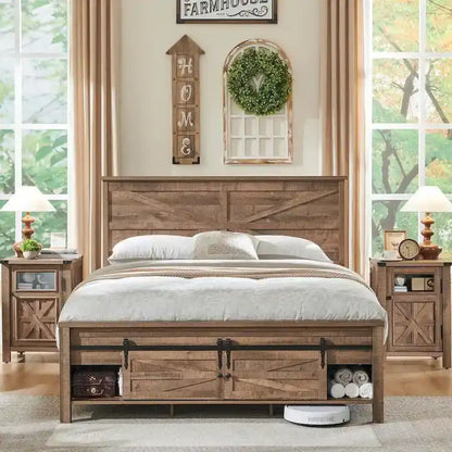 Farmhouse Full size Wood Bed Frame with Sliding Barn Door storage