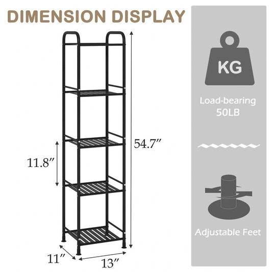 5 Tier Narrow Bathroom Shelving Unit - 13D x 11W x 54.7H