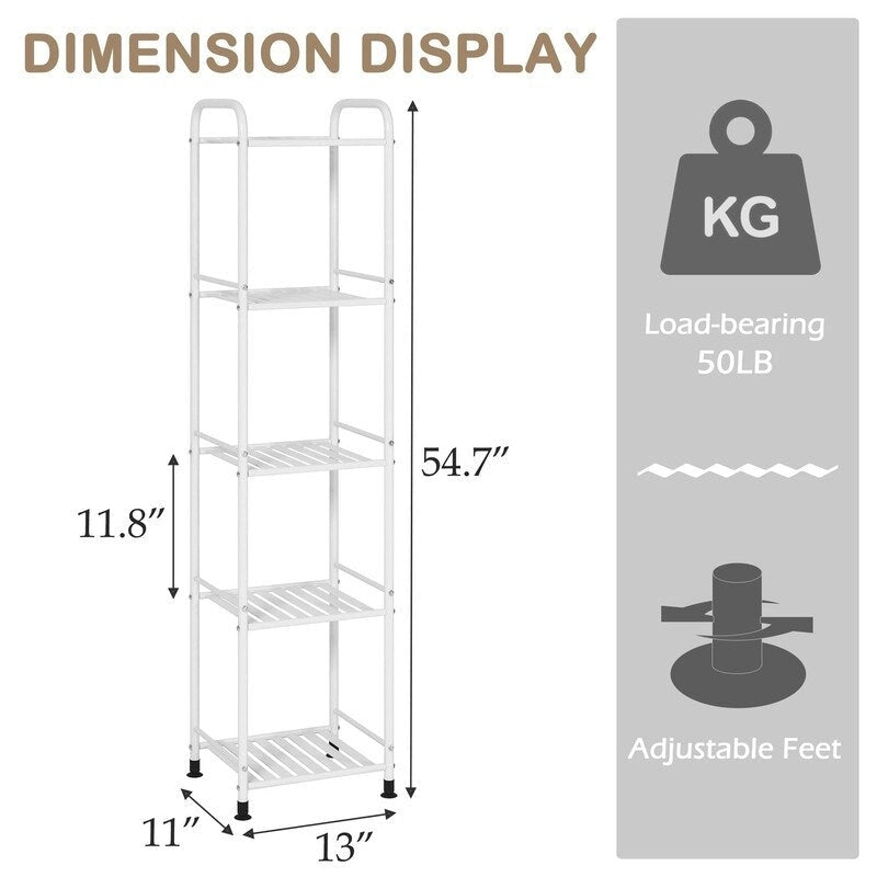 5 Tier Narrow Bathroom Shelving Unit - 13D x 11W x 54.7H