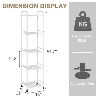 5 Tier Narrow Bathroom Shelving Unit - 13D x 11W x 54.7H