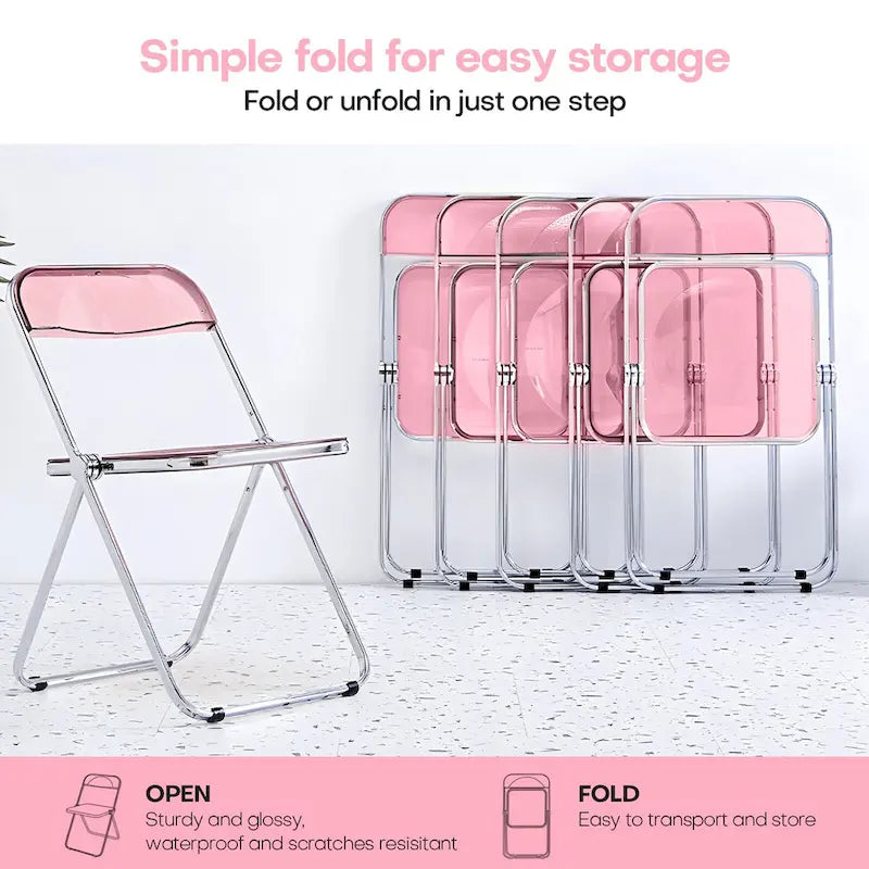 Transparent Acrylic Stackable Folding Dining Chair w/ Metal Frame, Single - 29.1(H) x 18.1(W) x 18.5(D)