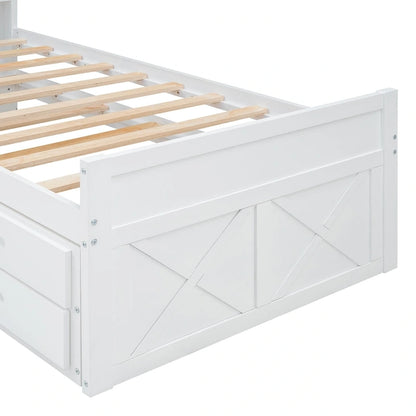 Wooden Platform Bed Outlets on Storage Headboard, Wood Slat Panel Bed Frame with 3 Storage Drawers & Pull-out Trundle Bed