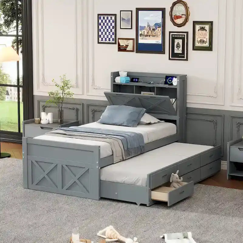 Wooden Platform Bed Outlets on Storage Headboard, Wood Slat Panel Bed Frame with 3 Storage Drawers & Pull-out Trundle Bed