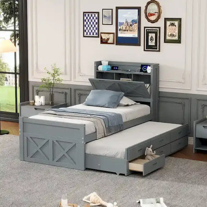 Wooden Platform Bed Outlets on Storage Headboard, Wood Slat Panel Bed Frame with 3 Storage Drawers & Pull-out Trundle Bed