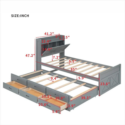Wooden Platform Bed Outlets on Storage Headboard, Wood Slat Panel Bed Frame with 3 Storage Drawers & Pull-out Trundle Bed