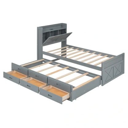 Wooden Platform Bed Outlets on Storage Headboard, Wood Slat Panel Bed Frame with 3 Storage Drawers & Pull-out Trundle Bed