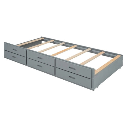 Wooden Platform Bed Outlets on Storage Headboard, Wood Slat Panel Bed Frame with 3 Storage Drawers & Pull-out Trundle Bed