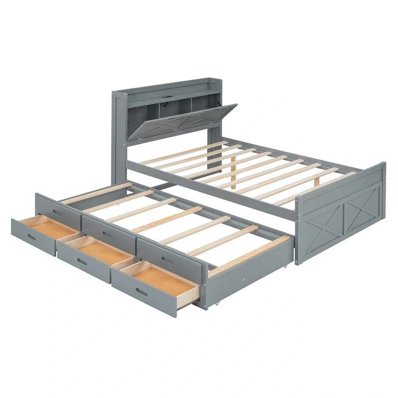 Wooden Platform Bed Outlets on Storage Headboard, Wood Slat Panel Bed Frame with 3 Storage Drawers & Pull-out Trundle Bed