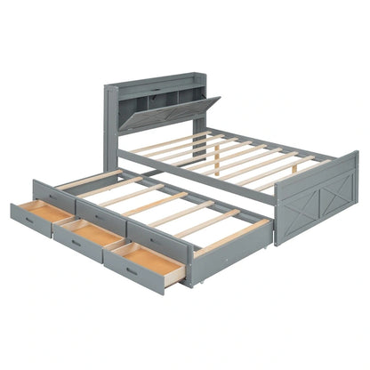 Wooden Platform Bed Outlets on Storage Headboard, Wood Slat Panel Bed Frame with 3 Storage Drawers & Pull-out Trundle Bed