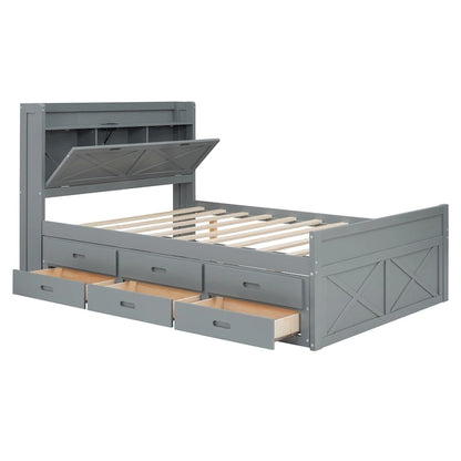 Wooden Platform Bed Outlets on Storage Headboard, Wood Slat Panel Bed Frame with 3 Storage Drawers & Pull-out Trundle Bed