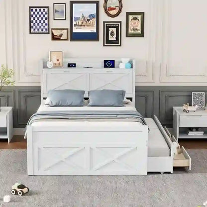 Wooden Platform Bed Outlets on Storage Headboard, Wood Slat Panel Bed Frame with 3 Storage Drawers & Pull-out Trundle Bed