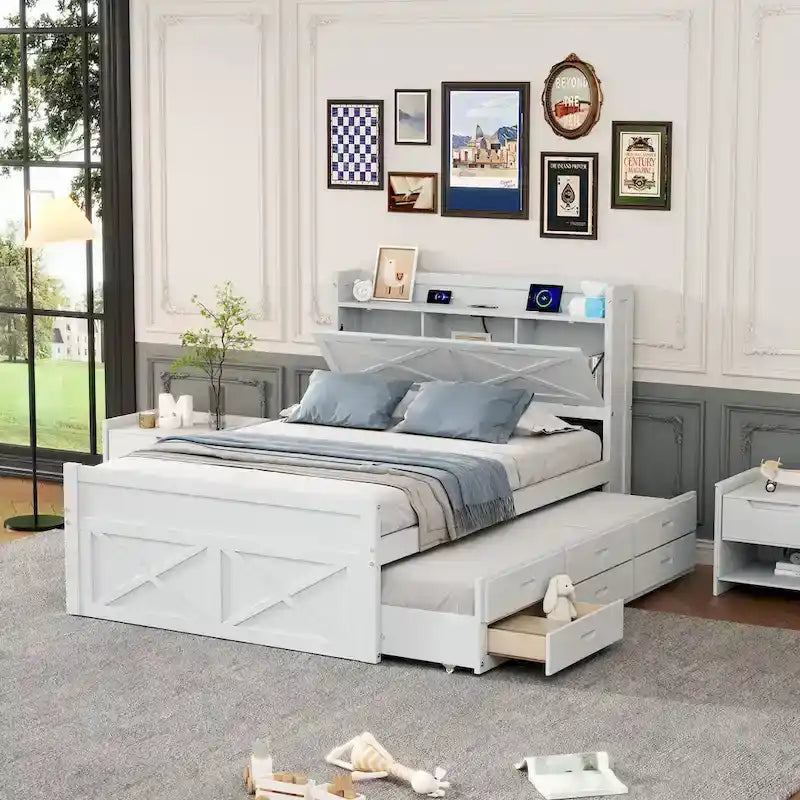 Wooden Platform Bed Outlets on Storage Headboard, Wood Slat Panel Bed Frame with 3 Storage Drawers & Pull-out Trundle Bed