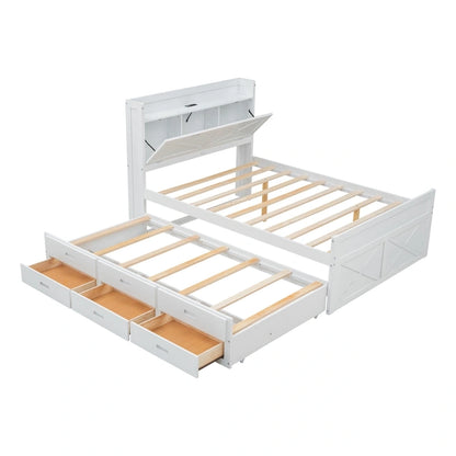 Wooden Platform Bed Outlets on Storage Headboard, Wood Slat Panel Bed Frame with 3 Storage Drawers & Pull-out Trundle Bed